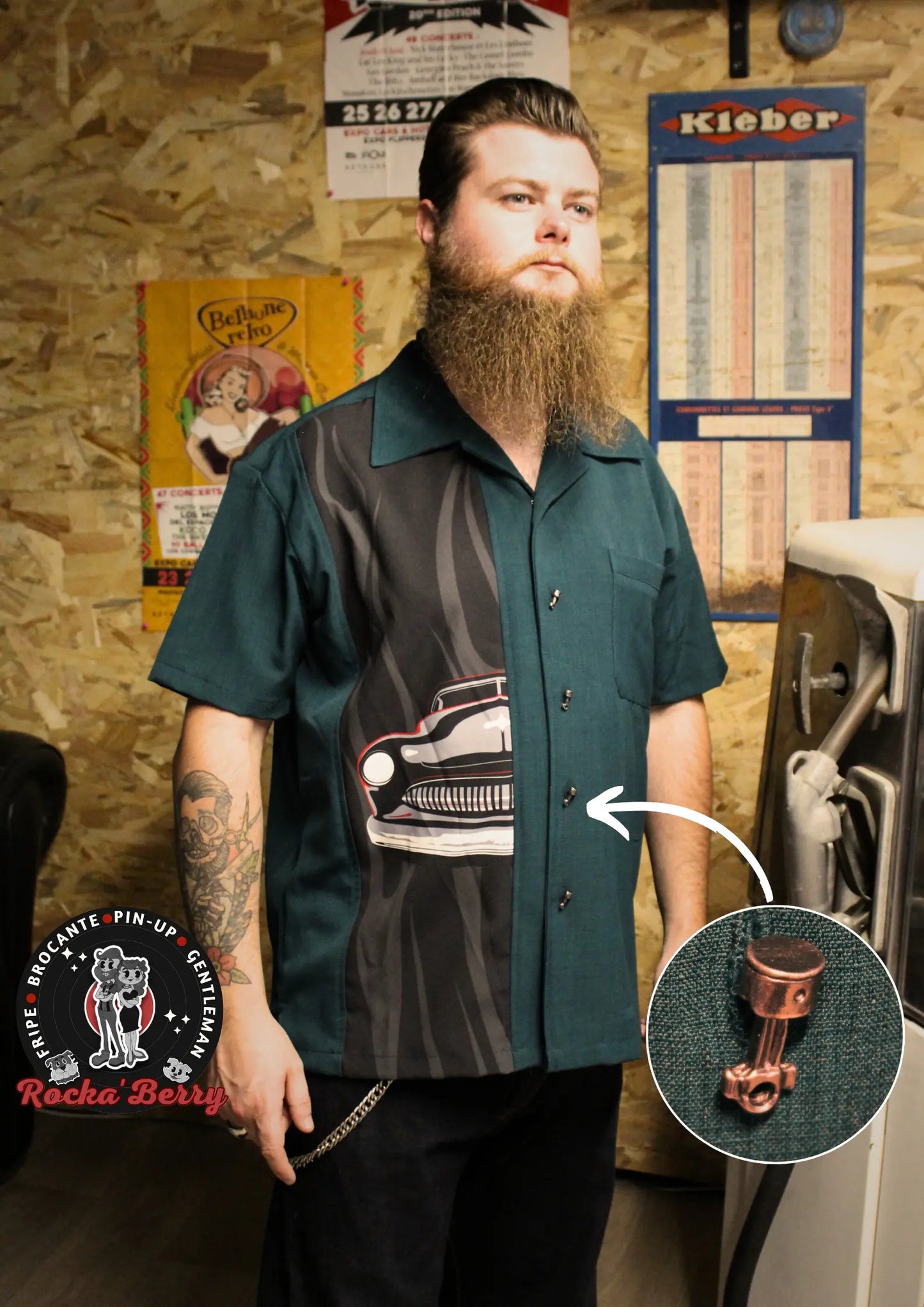 đ„Chemise de Bowling Bleu Canard "Merc Flame" (BOUTONS KUSTOM) - Steady Clothing ( Made in Usa )