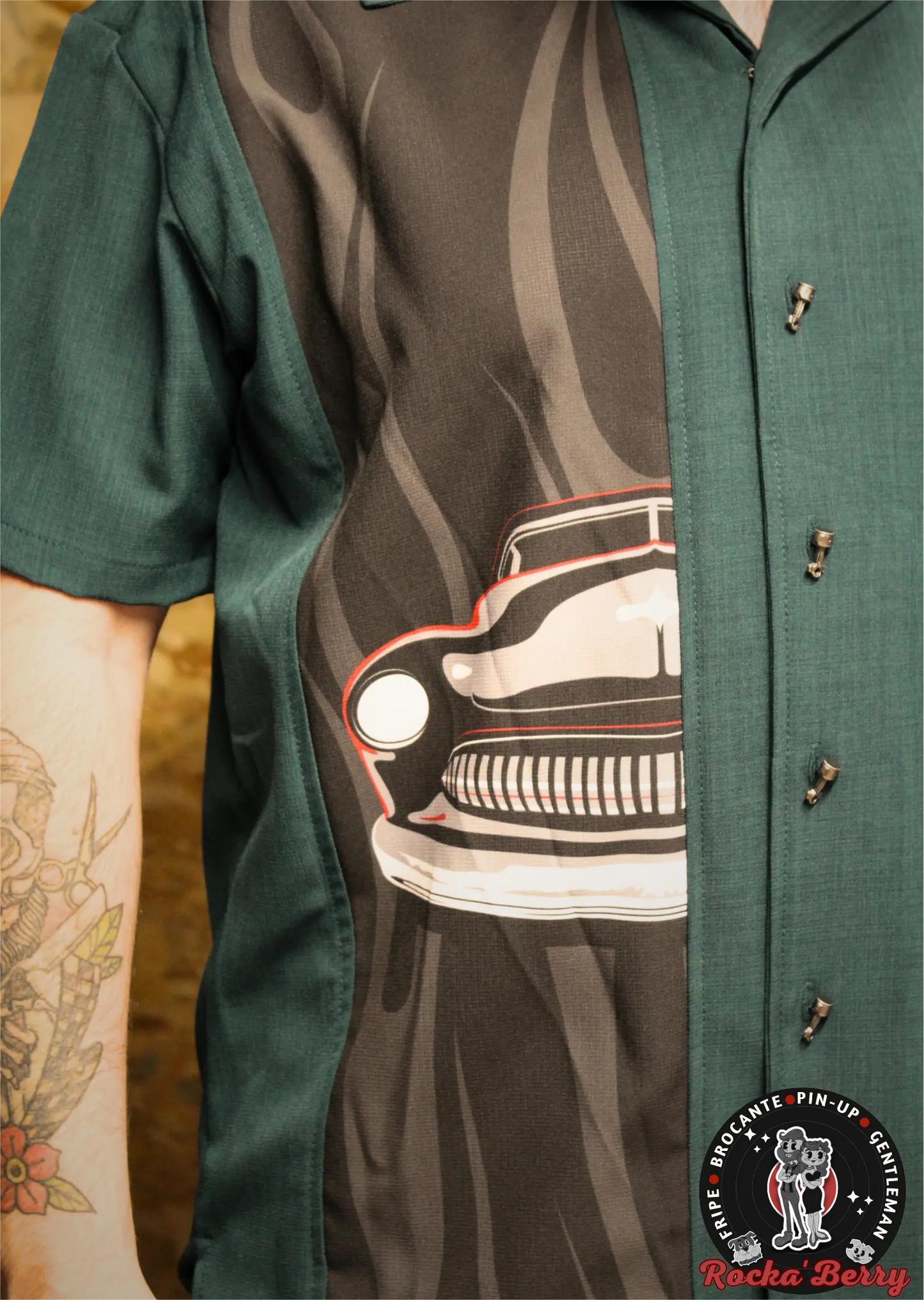 đ„Chemise de Bowling Bleu Canard "Merc Flame" (BOUTONS KUSTOM) - Steady Clothing ( Made in Usa )
