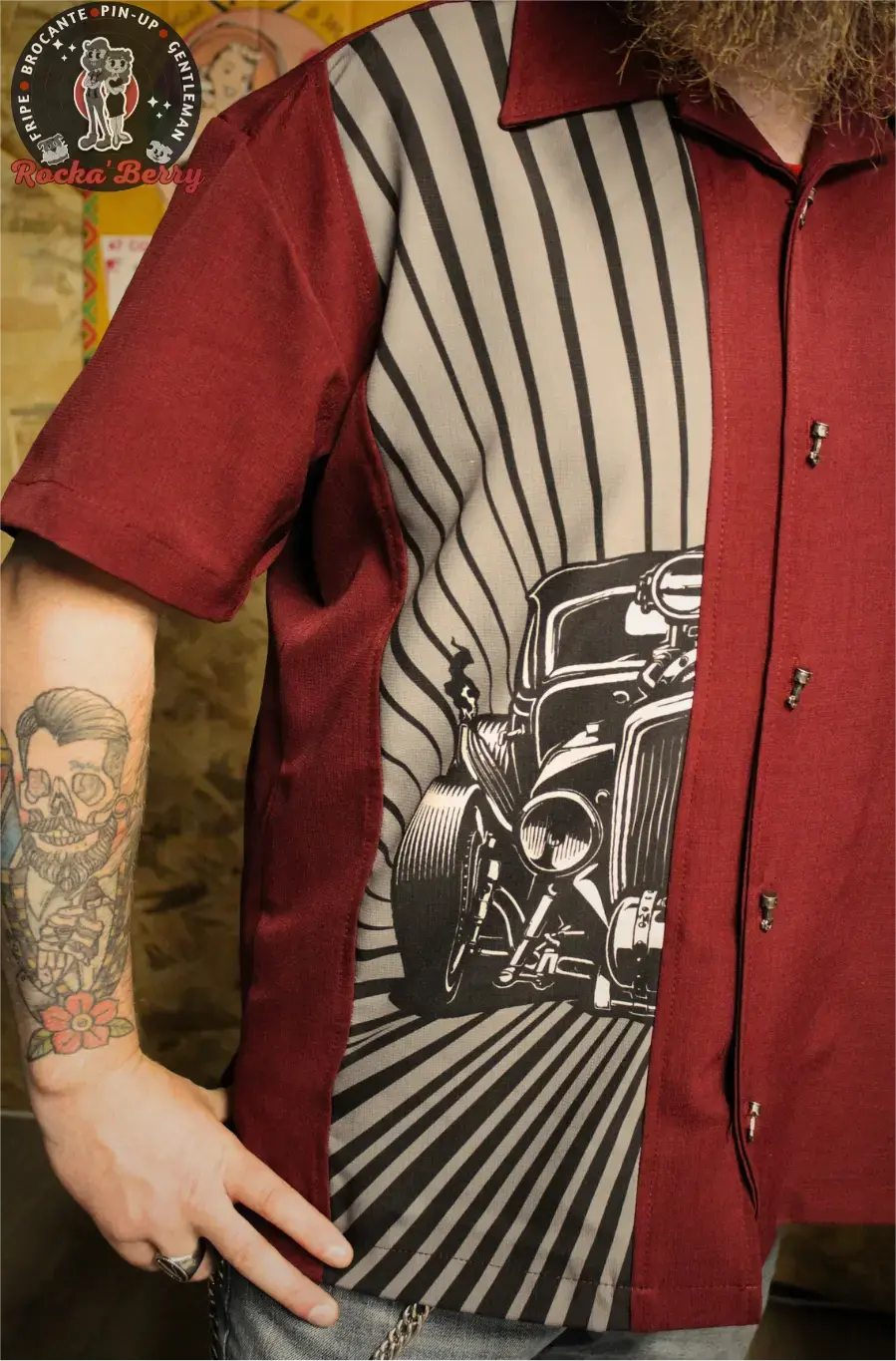 Chemise de Bowling Bordeaux Hot Rod Burst (BOUTONS KUSTOM) - Steady Clothing ( Made in Usa )