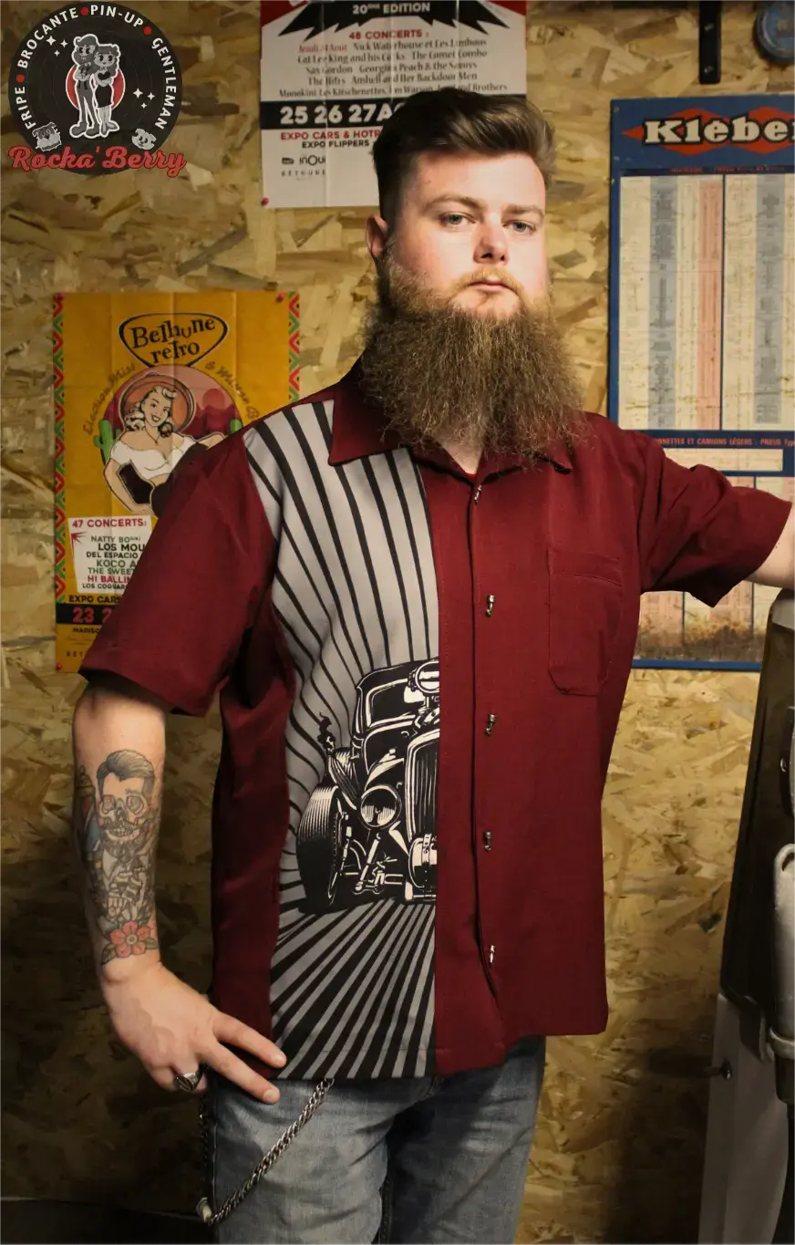 Chemise de Bowling Bordeaux Hot Rod Burst (BOUTONS KUSTOM) - Steady Clothing ( Made in Usa )