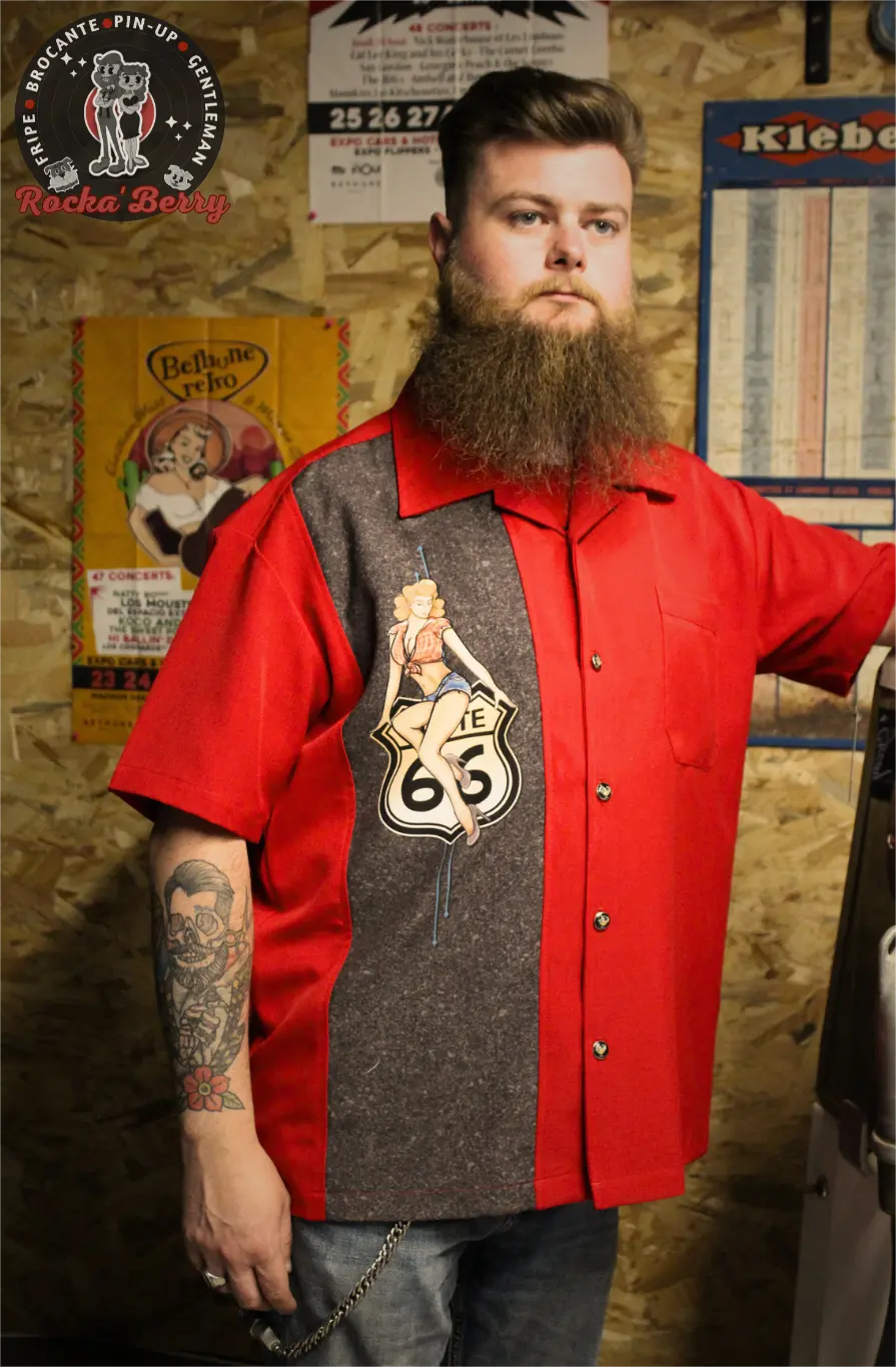 Chemise de Bowling Route 66 Rouge Pinup - Steady Clothing ( Made In Usa )