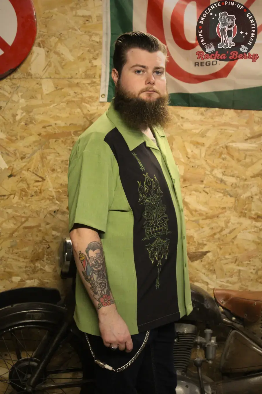 Chemise de Bowling Verte Pinstriping Tiki - Steady Clothing ( MADE IN USA ) - Rocka'Berry