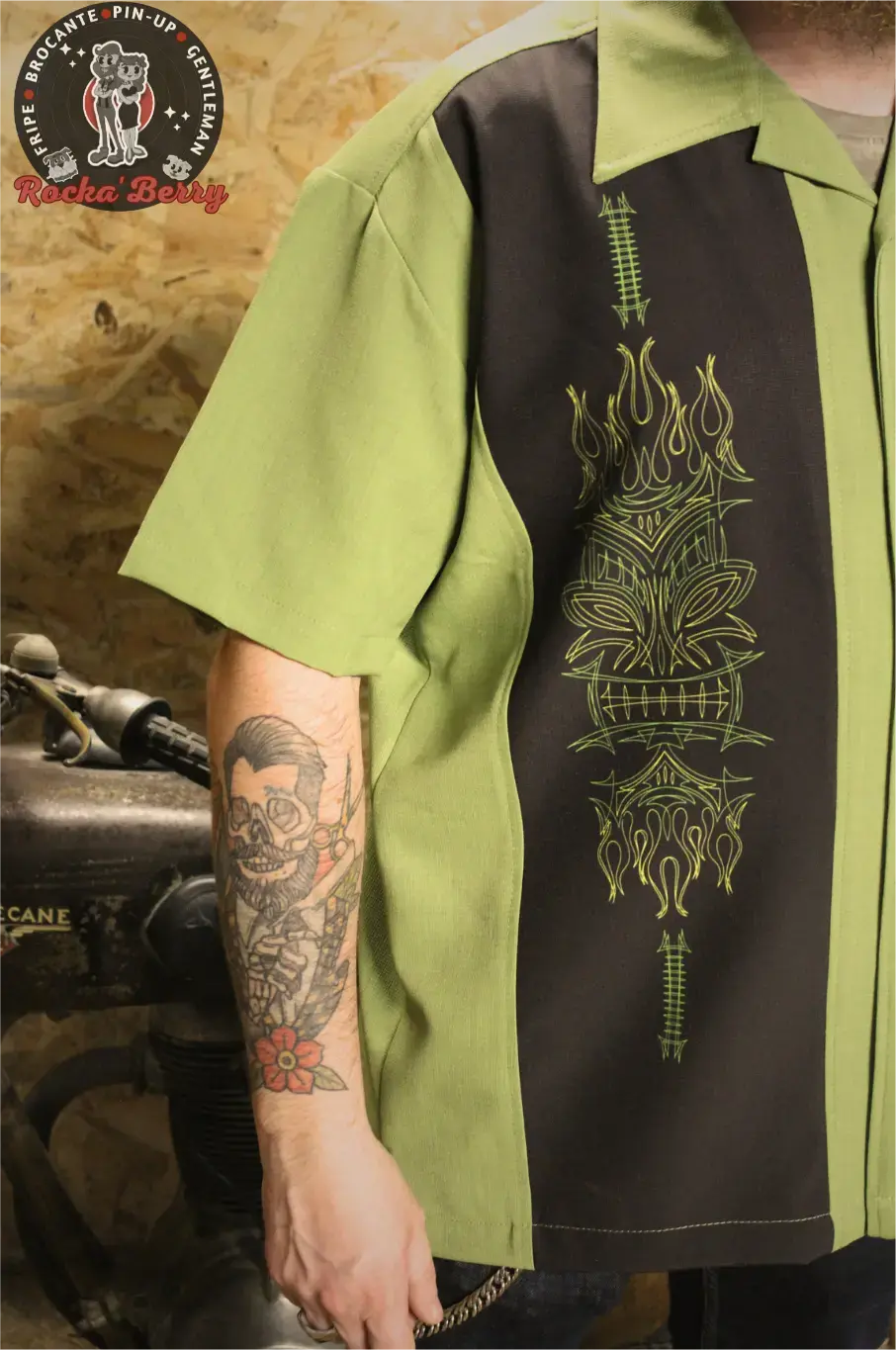 Chemise de Bowling Verte Pinstriping Tiki - Steady Clothing ( MADE IN USA ) - Rocka'Berry
