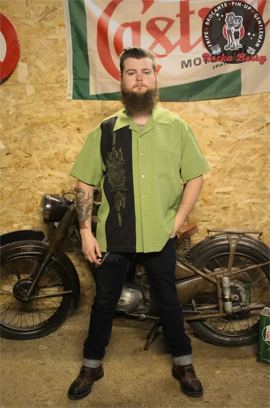 Chemise de Bowling Verte Pinstriping Tiki - Steady Clothing ( MADE IN USA ) - Rocka'Berry