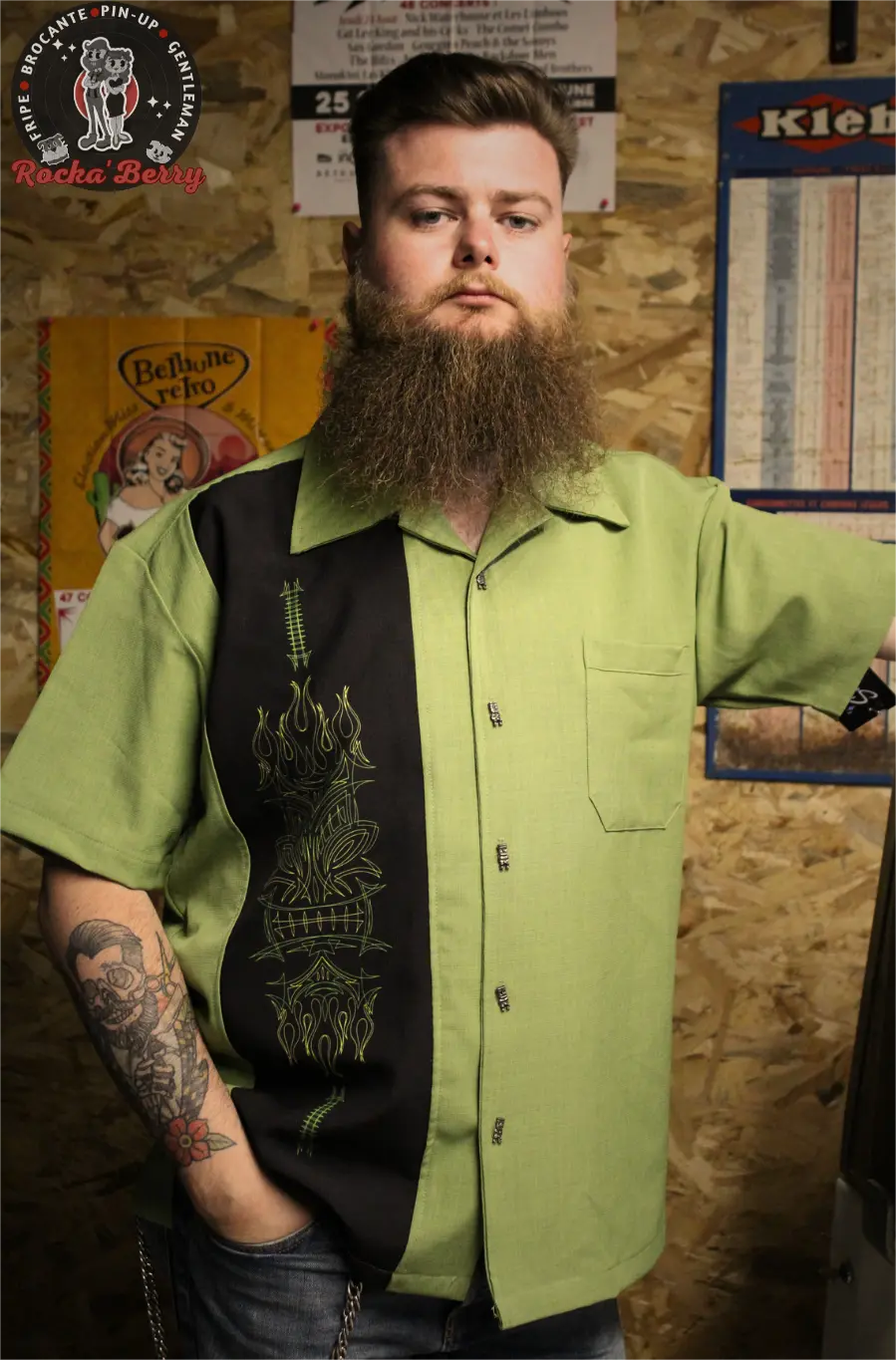 Chemise de Bowling Verte Pinstriping Tiki (BOUTONS KUSTOM) - Steady Clothing ( Made in Usa )