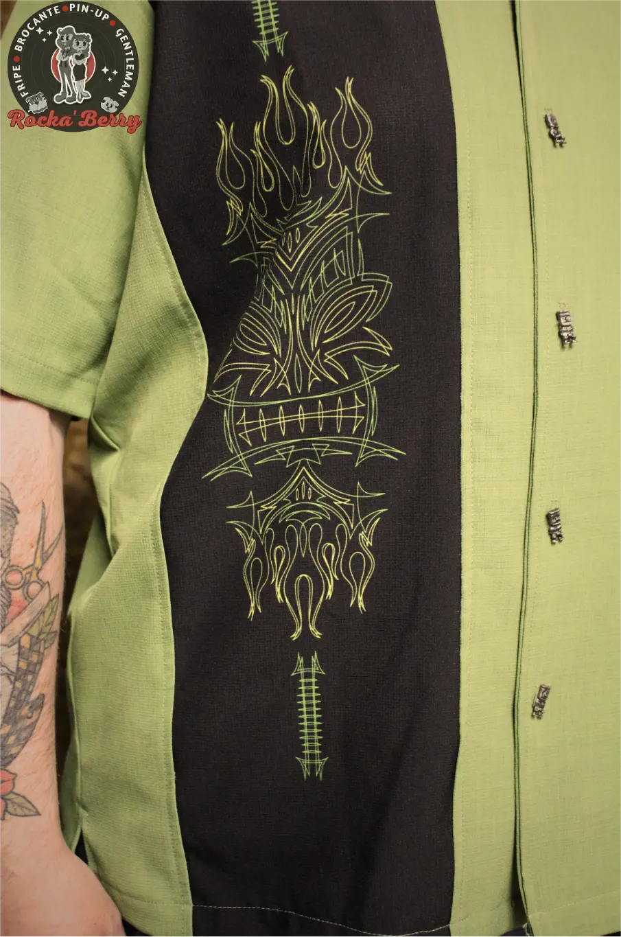Chemise de Bowling Verte Pinstriping Tiki (BOUTONS KUSTOM) - Steady Clothing ( Made in Usa )