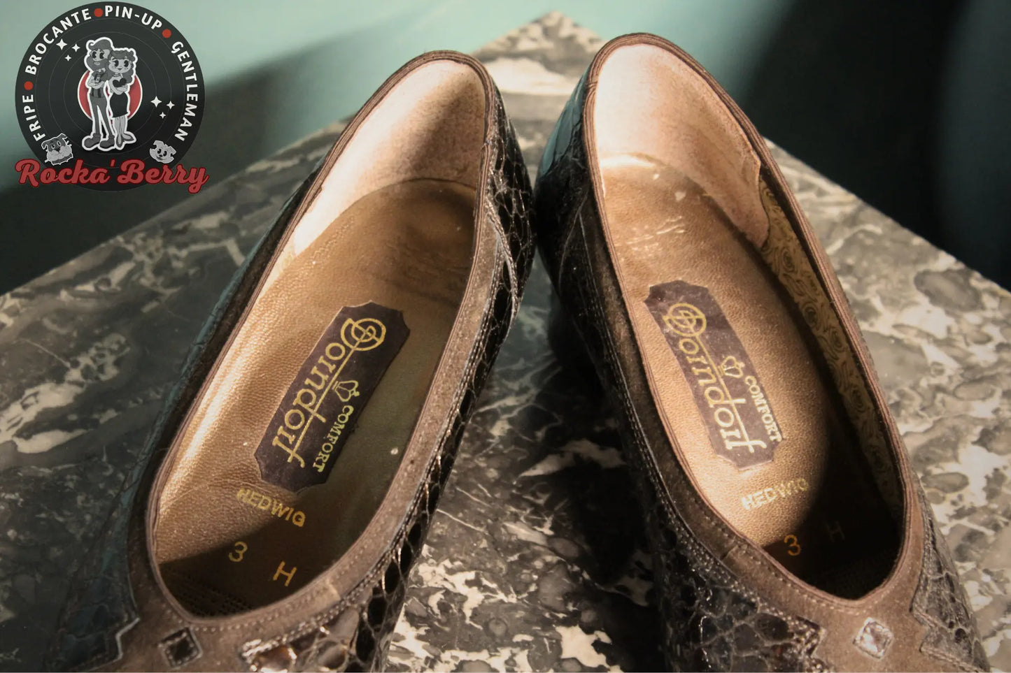 Escarpins Pin-up Vintage Marron Croco - Made in Switzerland - Rocka'Berry