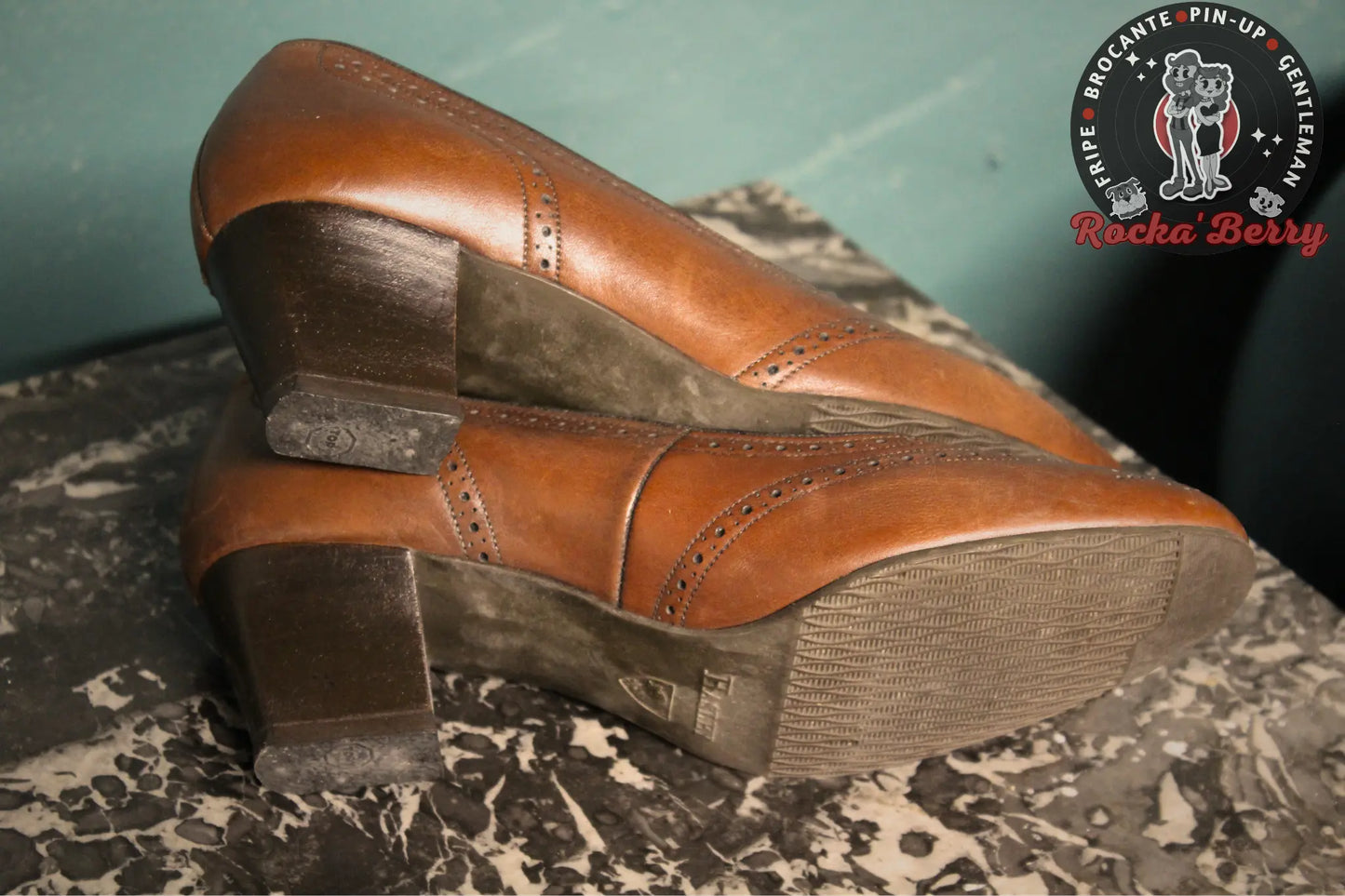 Escarpins Pin-up Vintage Marron Cuir Style Derbies - Made in France - Rocka'Berry