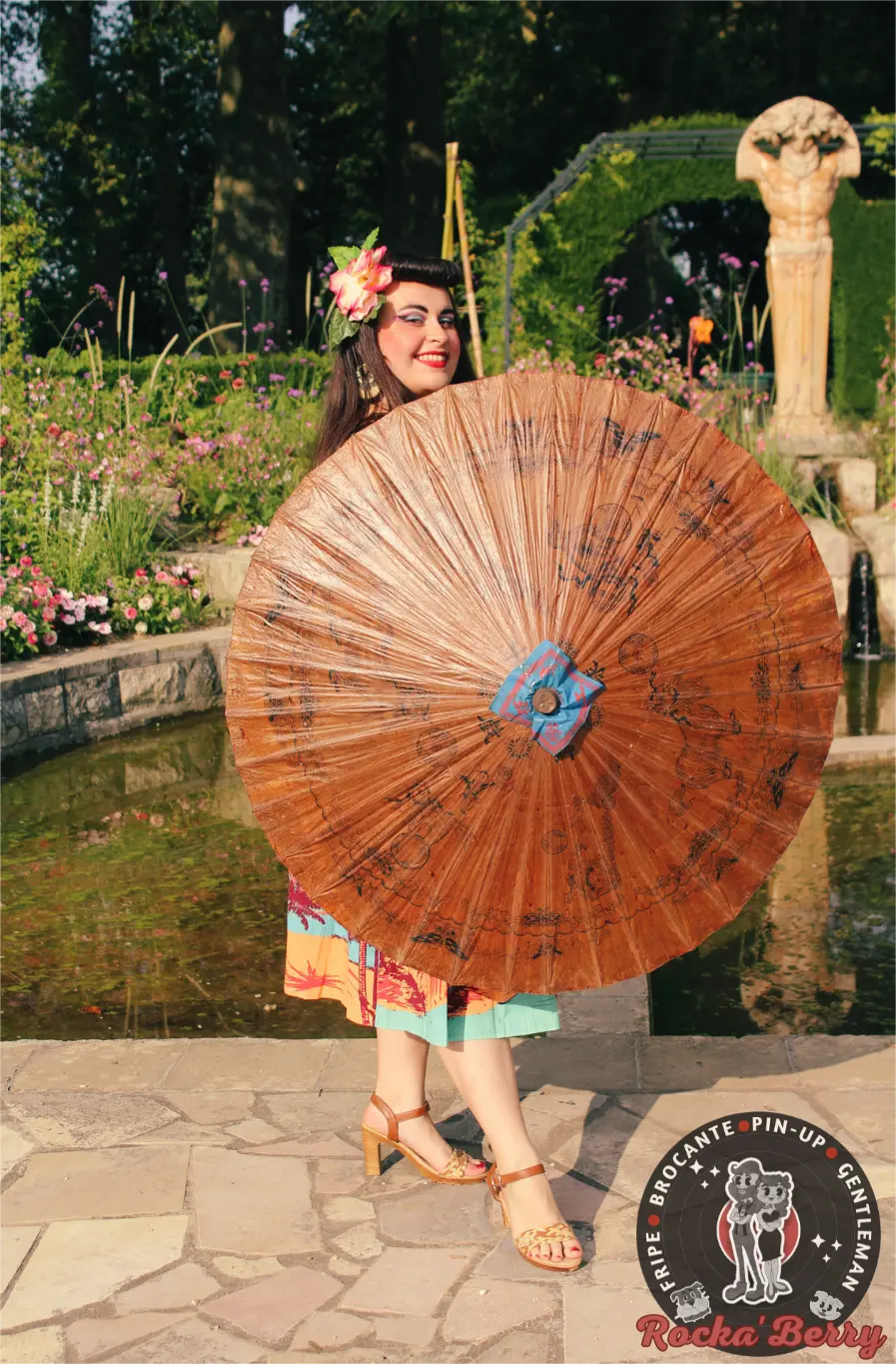 Ombrelle Vintage Japonaise Marron Motifs Yokai Rocka'Berry