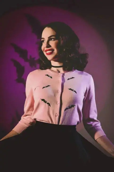 🦇🌸Cardigan Rose Poudré “Pink Batty” – Mischief Made