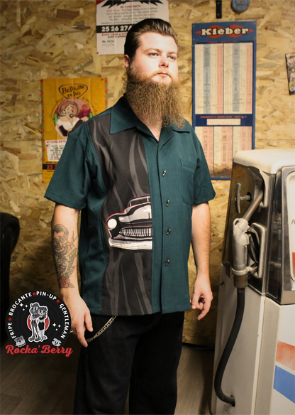 🔥Chemise de Bowling Bleu Canard "Merc Flame" (BOUTONS KUSTOM) - Steady Clothing ( Made in Usa )