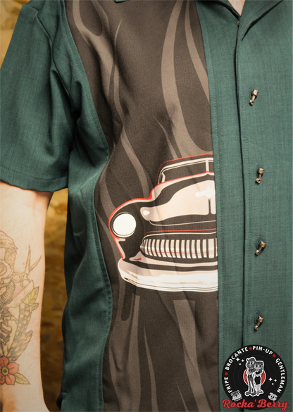 🔥Chemise de Bowling Bleu Canard "Merc Flame" (BOUTONS KUSTOM) - Steady Clothing ( Made in Usa )