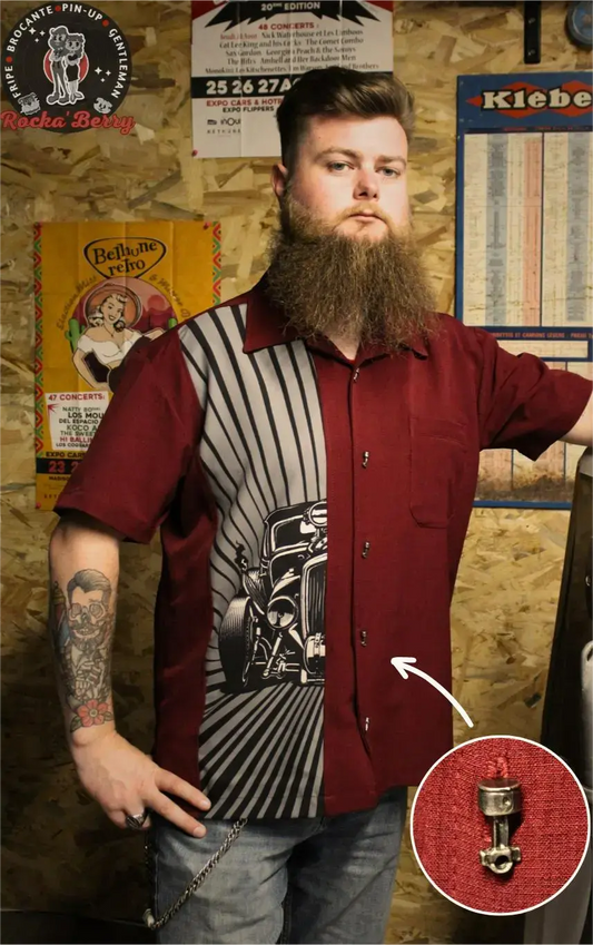 Chemise de Bowling Bordeaux Hot Rod Burst (BOUTONS KUSTOM) - Steady Clothing ( Made in Usa )