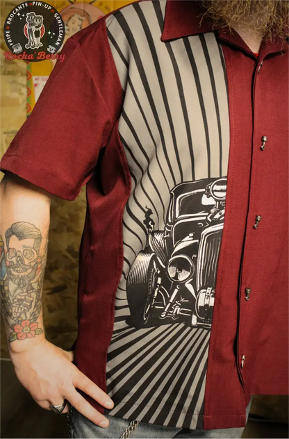 Chemise de Bowling Bordeaux Hot Rod Burst (BOUTONS KUSTOM) - Steady Clothing ( Made in Usa )