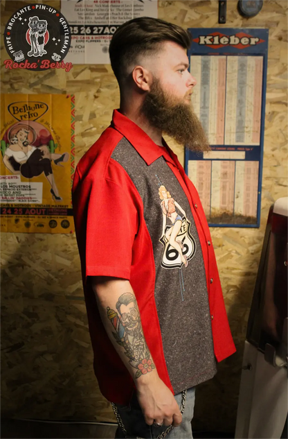 Chemise de Bowling Route 66 Rouge Pinup - Steady Clothing ( Made In Usa )
