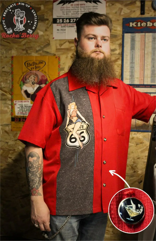Chemise de Bowling Route 66 Rouge Pinup - Steady Clothing ( Made In Usa ) Steady Clothing