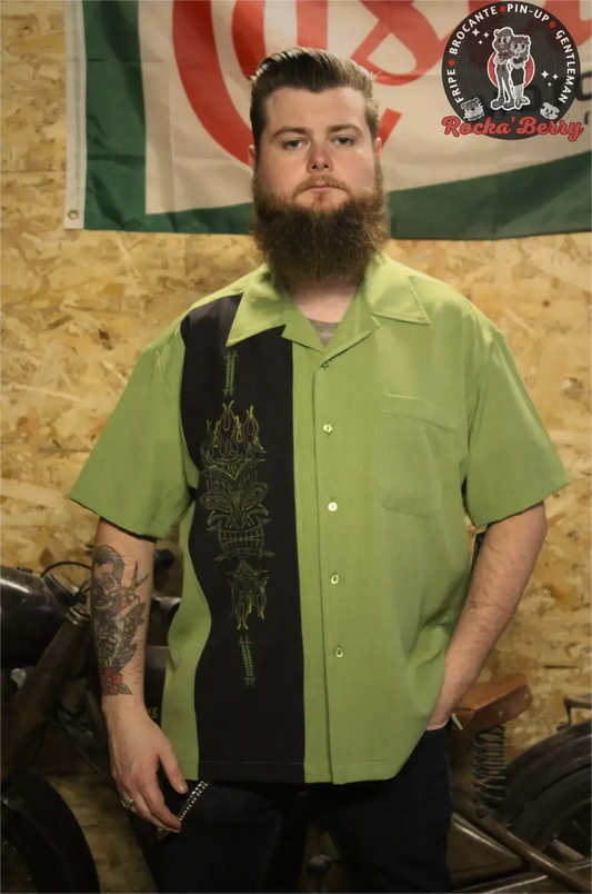 Chemise de Bowling Verte Pinstriping Tiki - Steady Clothing ( MADE IN USA ) - Rocka'Berry