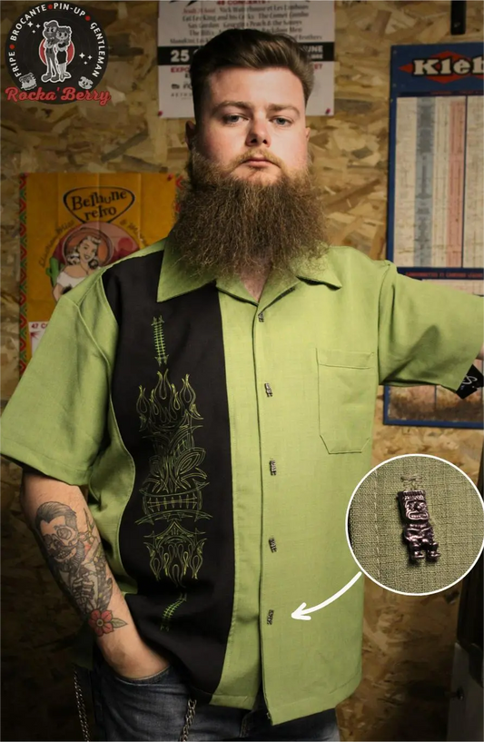 Chemise de Bowling Verte Pinstriping Tiki (BOUTONS KUSTOM) - Steady Clothing ( Made in Usa )
