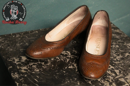 Escarpins Pin-up Vintage Marron Cuir Style Derbies - Made in France - Rocka'Berry