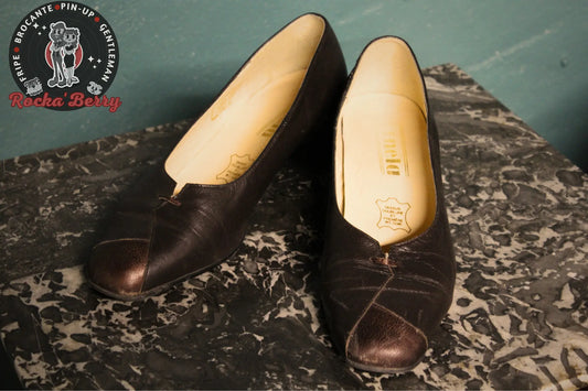 Escarpins Pin-up Vintage Marron Foncé Cuir - Made in France - Rocka'Berry