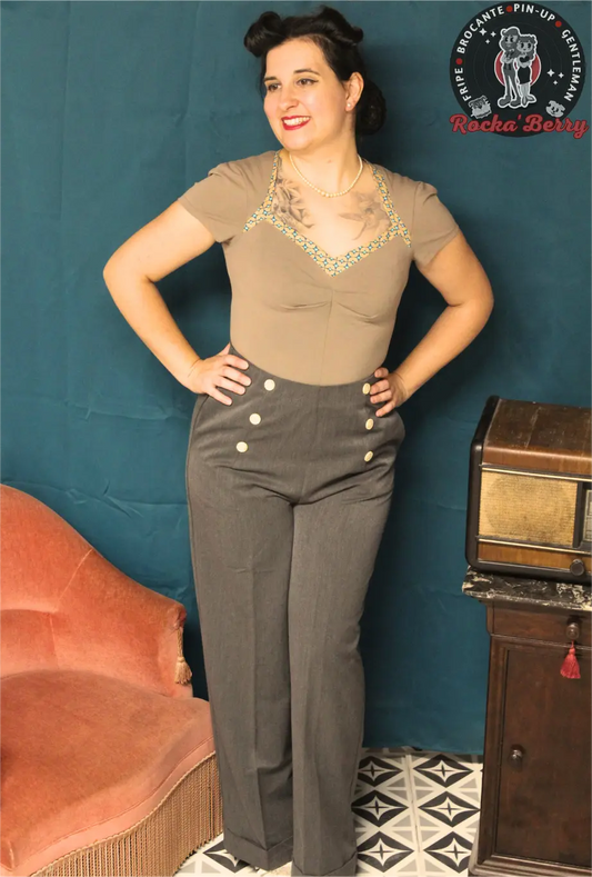 Pantalon Rétro Taille Haute Pinup Gris - Banned - Rocka'Berry