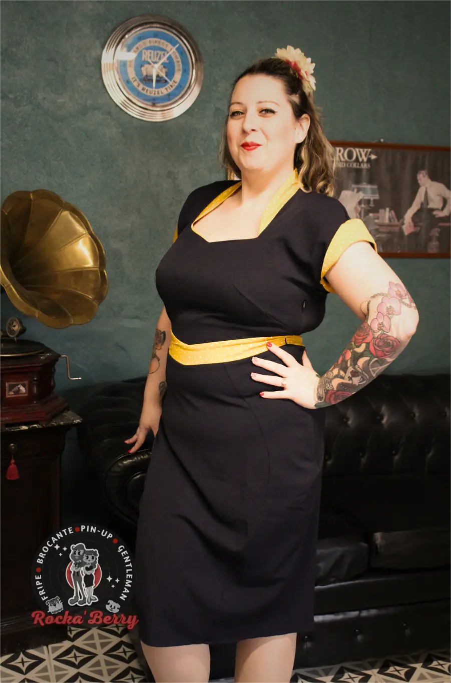 Robe MissCandyFloss Crayon Bleu Marine & Moutarde Pinup Miss Candyfloss