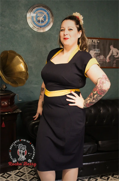 Robe MissCandyFloss Crayon Bleu Marine & Moutarde Pinup Miss Candyfloss