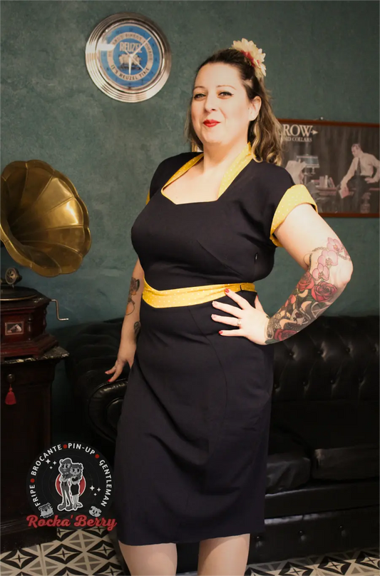 Robe MissCandyFloss Crayon Bleu Marine & Moutarde Pinup Miss Candyfloss