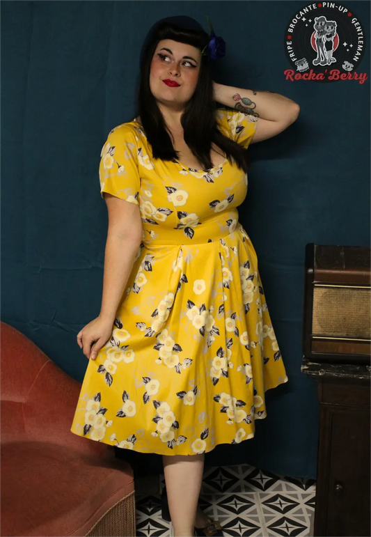Robe Pinup Swing Fleurie Moutarde - Lady V London - Rocka'Berry