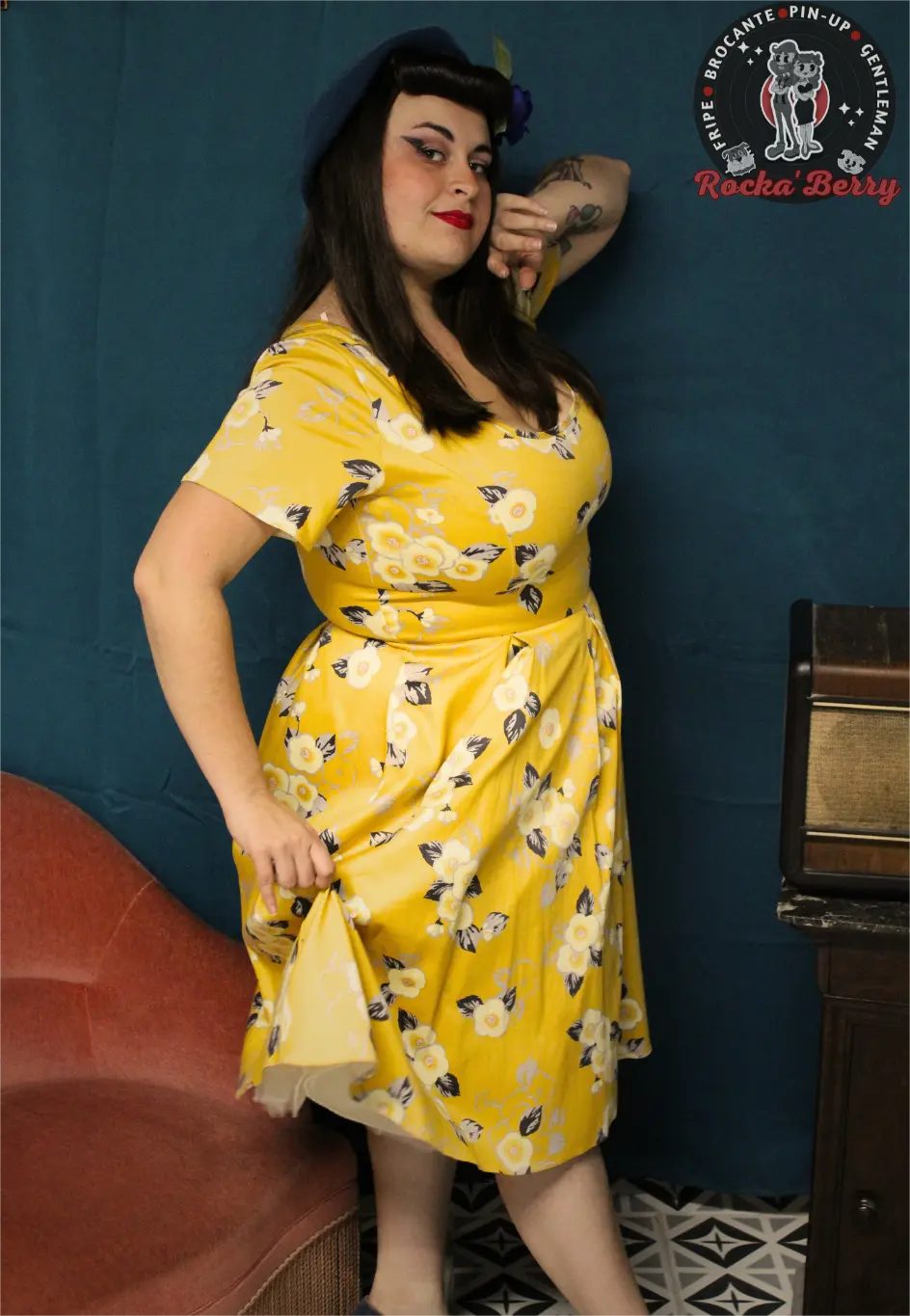 Robe Pinup Swing Fleurie Moutarde - Lady V London - Rocka'Berry