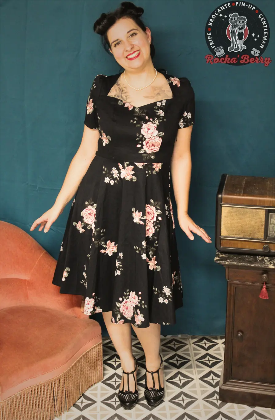 Robe Pinup Swing Noire Fleurie - Rocka'Berry