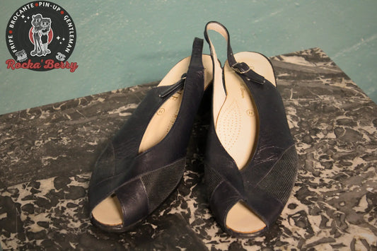 Sandales Pin-up Vintage Bleu Marine - Made in France - Rocka'Berry