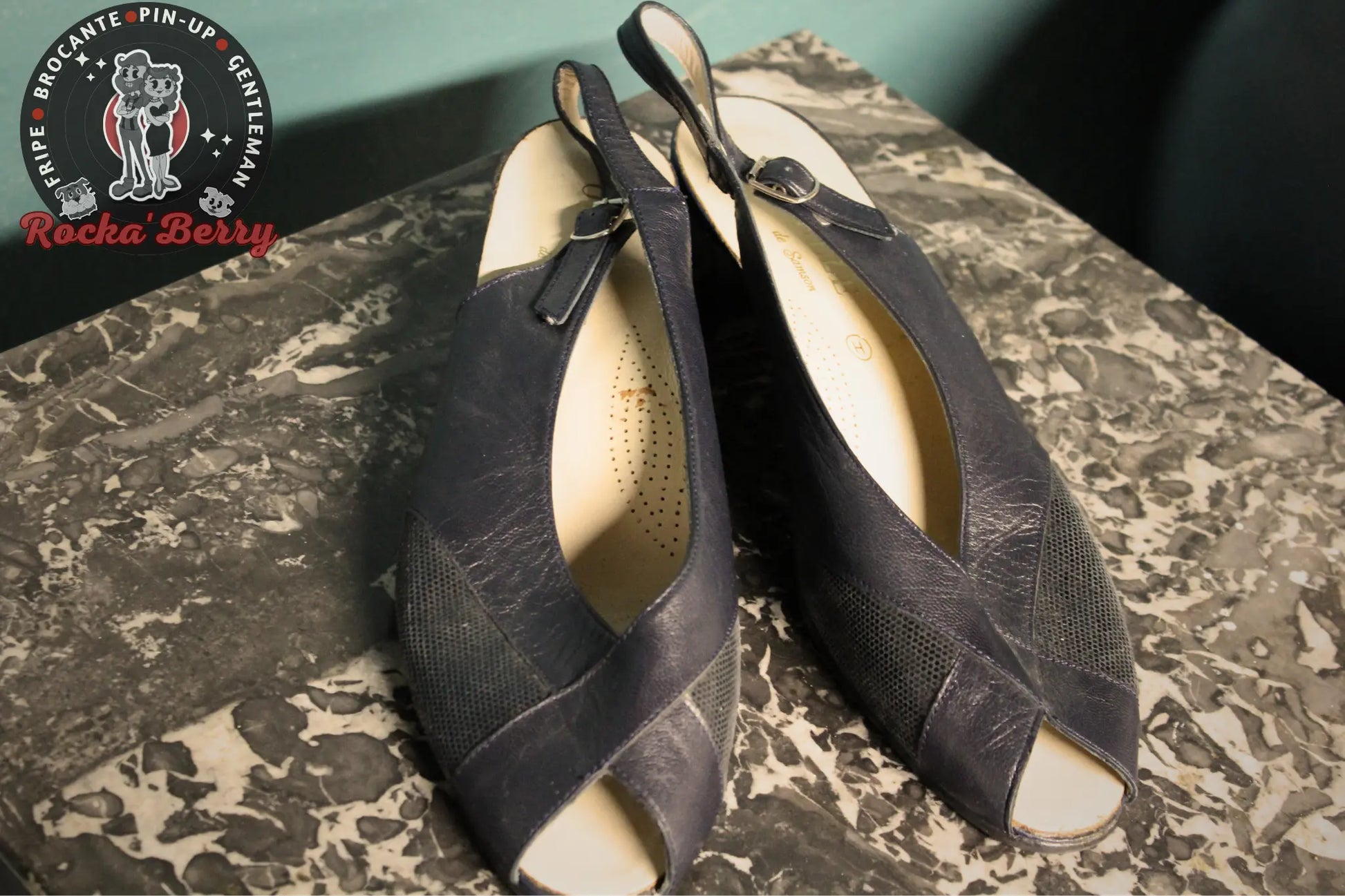 Sandales Pin-up Vintage Bleu Marine - Made in France - Rocka'Berry