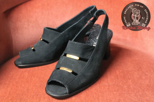 Sandales Pin-up Vintage Gold & Navy - Made in France Rocka'Berry