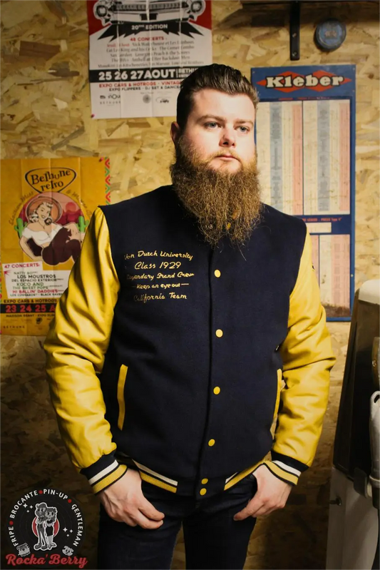 🏈Veste Varsity Von Dutch Bleu Marine & Moutarde – Blouson Universitaire Vintage Rockabilly Von Dutch