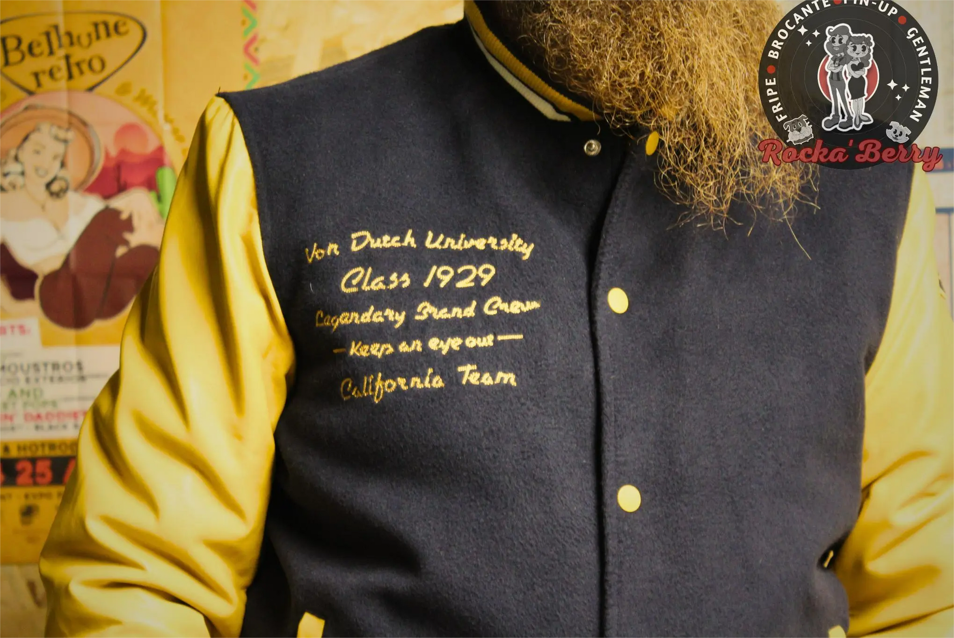 🏈Veste Varsity Von Dutch Bleu Marine & Moutarde – Blouson Universitaire Vintage Rockabilly Von Dutch